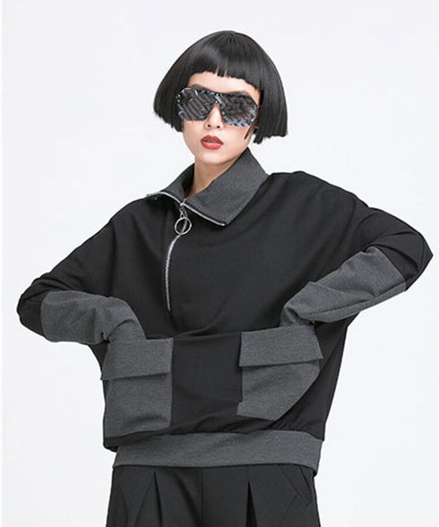 Contrast Panel Zip Collar Pullover